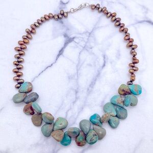 Bronze Pearl Necklace with Polished Turquoise Gemstones and Silver-Toned Clasp